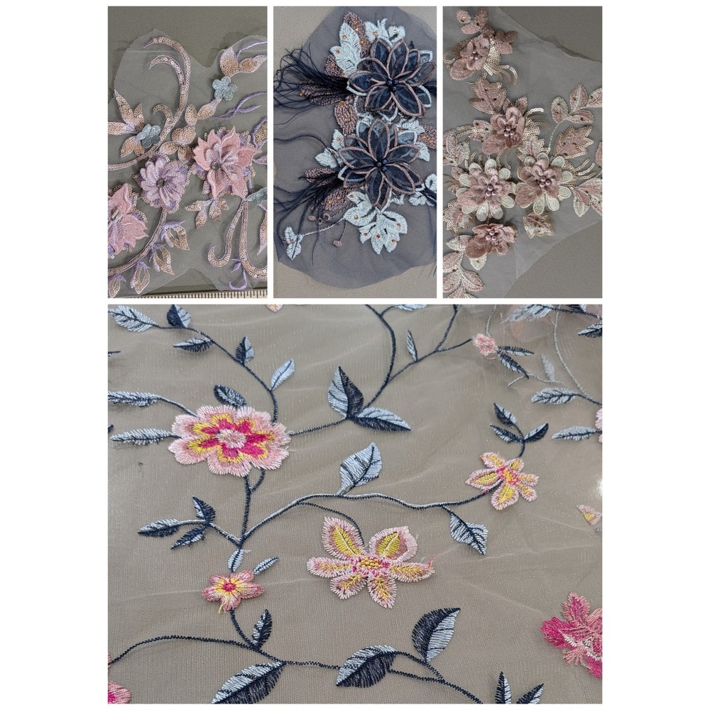 4 Embroidered Floral Lace Appliqués & Mesh Fabric sewing lot